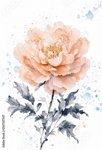 Watercolor Peony with Splatter Background