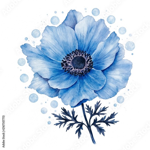 Blue Watercolor Poppy with Bubbles