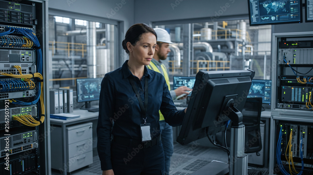 Fototapeta premium Cybersecurity Specialist Reviewing Security in Industrial Control Environment