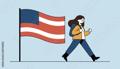 Young woman with a backpack walking forward past a waving national flag of the United States on a light blue background.