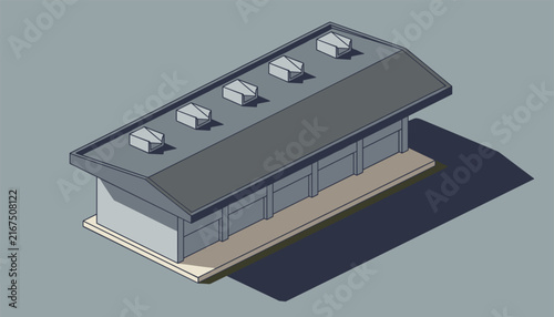 Isometric architectural rendering of a modern grey industrial warehouse building with multiple roof skylights.