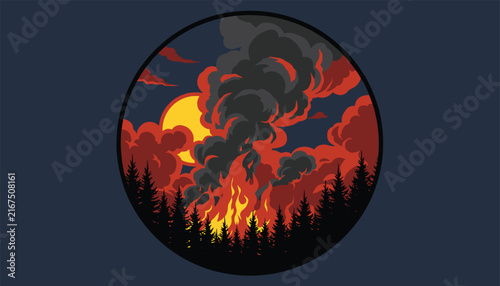 Dramatic circular design of a forest fire with bright flames and dark smoke rising from burning pine trees at sunset.