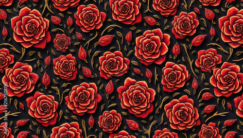 Elegant seamless pattern of red roses and gold foliage on a black luxury background for textile and wallpaper design