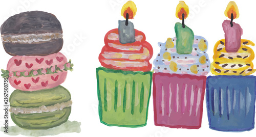 Macarons and Cupcakes Watercolor Elements Set