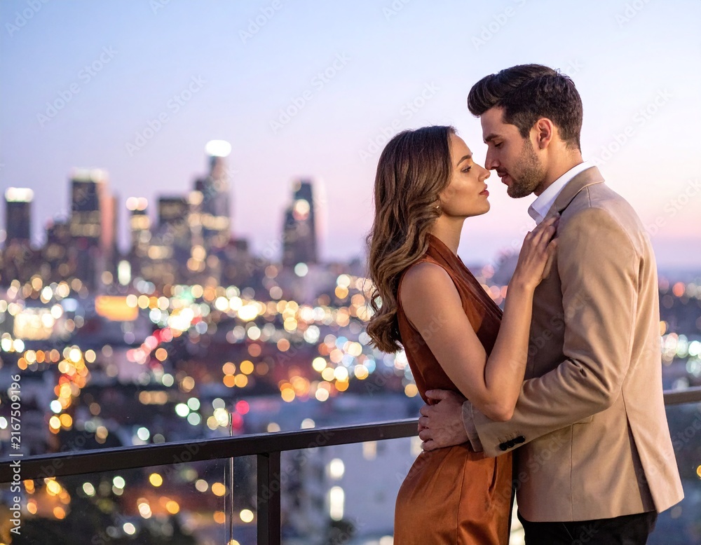 Fototapeta premium An elegant couple shares an intimate embrace on a luxury rooftop balcony at twilight. Gazing lovingly, they evoke deep passion and romance above sparkling city bokeh lights.