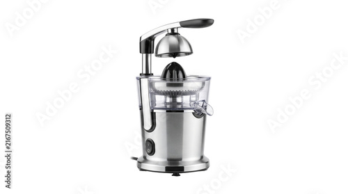 Professional stainless steel citrus juicer, electric orange squeezer machine, modern chrome kitchen appliance for fresh fruit juice isolated PNG with Transparent Background