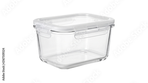 Clear glass food storage container with airtight lid, rectangular kitchen meal prep box, transparent glass lunch container isolated PNG with Transparent Background