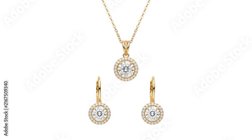 Elegant gold jewelry set with diamond halo pendant necklace and matching earrings, luxury bridal accessories for weddings isolated PNG with Transparent Background
