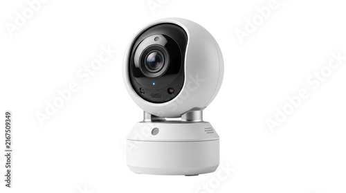 Modern smart security camera for home monitoring. Wireless indoor surveillance device with 360 degree rotation. White plastic wifi ip camera. isolated PNG with Transparent Background