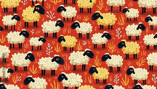 Cute Seamless Pattern of Stylized White and Yellow Sheep on Red Background for Textile and Wallpaper Design