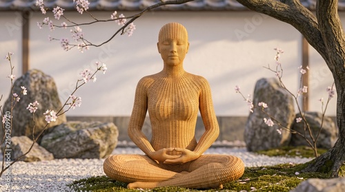 Woven rattan human sculpture meditating in zen garden with cherry blossom branches