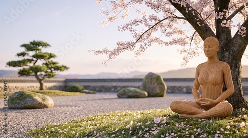 Wicker woven human figure meditating in Japanese zen garden under cherry blossom