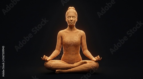 Glowing wicker woven woman figure in yoga lotus pose on black background