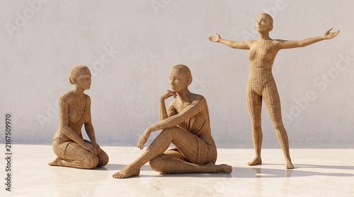 Three wicker woven female figures in different poses on marble floor studio