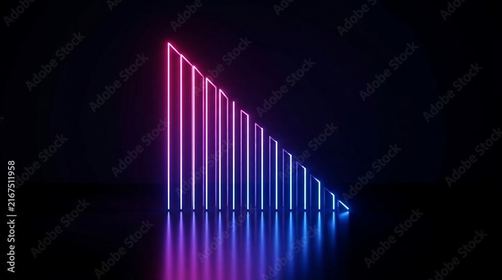 Naklejka premium Vertical neon light bars arranged in a descending triangular pattern with pink and blue gradient glow on a dark reflective surface