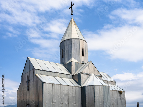Foto edifice of metal church in Spitak town in Armenia