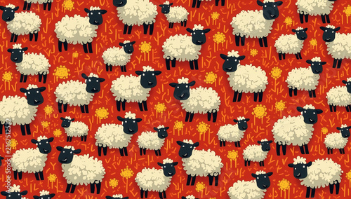 Whimsical Seamless Pattern Featuring Cute Fluffy Sheep on a Vibrant Orange Textured Background for Textile Design