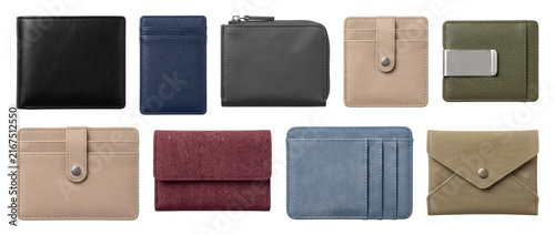 Casual fashion, leather card holders and wallets set isolated on transparent background. elegant men women coin purses cutout. Highly detailed commercial graphic design elements compilation.