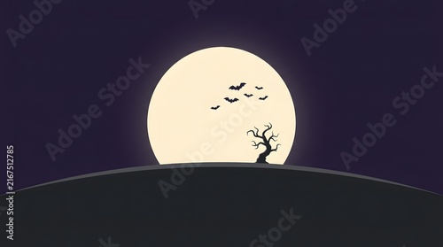 A simple and clean minimal halloween landscape background featuring a large full moon with a dark silhouette of a tree