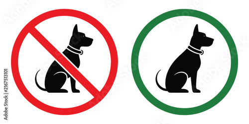 Sitting dog prohibition and permission icons with red restriction and green approval symbols for public places, parks, pet policies, stores, and restaurants