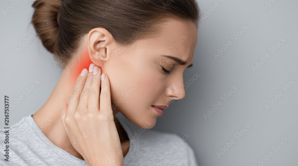 Fototapeta premium A woman experiencing jaw pain touches her face in discomfort. Highlighted in red, the TMJ area indicates possible temporomandibular joint syndrome or dental issues.