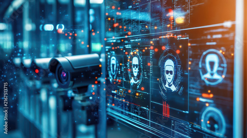 A high-tech surveillance camera monitors a digital screen with facial recognition systems. Bright interface lights and AI elements highlight advanced security technology.