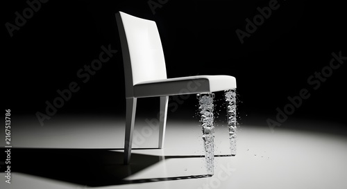 Futuristic white chair concept featuring liquid water splashing front legs set against a dark dramatic backdrop with soft studio spotlight