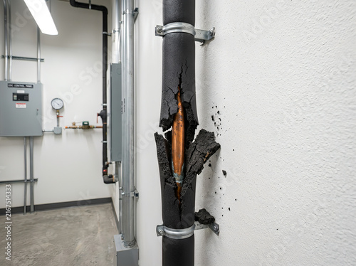 Burst frozen pipe with torn black foam insulation exposing damaged copper pipe inside basement utility room