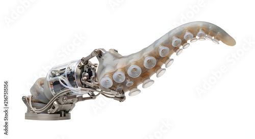 Bionic robotic octopus tentacle utilizing soft robotics engineering isolated on a white background.