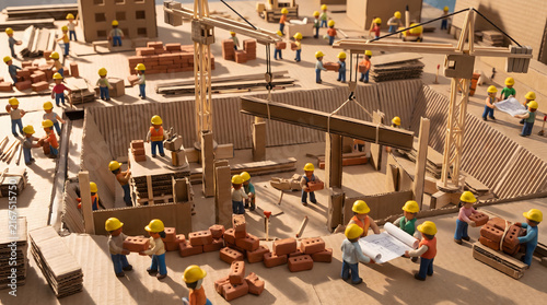 Miniature construction workers building a city structure using cardboard and cranes in a diorama