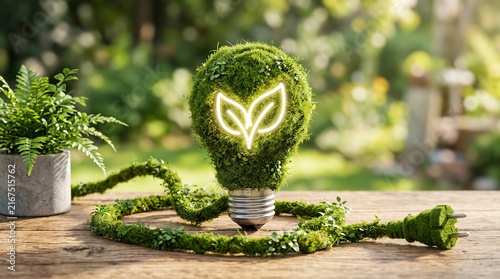 Sustainable innovation concept with green light bulb representing renewable energy, environmental solutions and eco friendly ideas