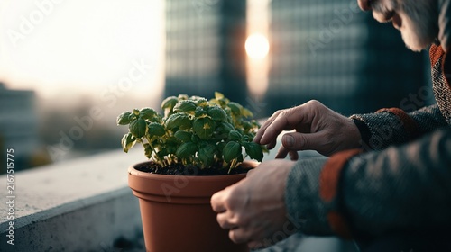 Gentle weathered hands touching dewdrops in garden