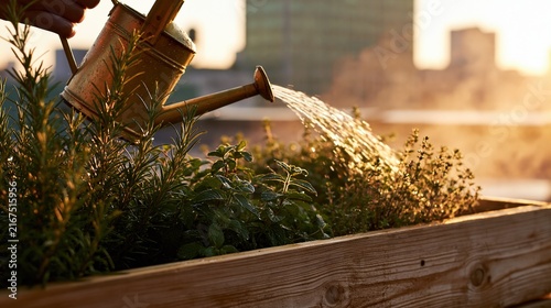 Small watering can tilting over plant in wooden pot