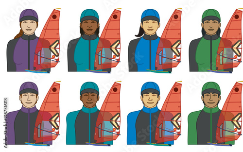 diversity, race, ethnicity of IQFoil surfboard windsurfer vector icons, male and female, wearing wet suit and cap, isolated on a white background