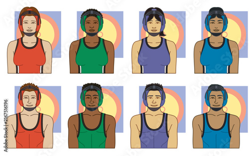 diversity, race, ethnicity of wrestler vector icons, male and female, wearing protective head wear, including wrestling mat, isolated on a white background