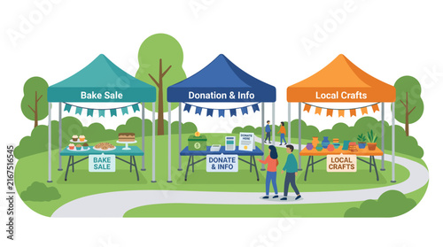 Colorful community charity fair illustration featuring bake sale, donation booth, and local craft market stalls in a park