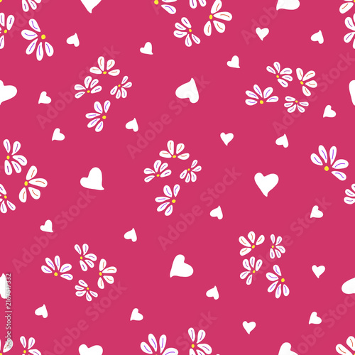 Seamless Floral Pattern with Hearts, Romantic Decorative Background for Wallpaper, Textile, Fabric and Surface Design