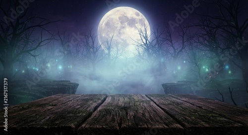 Spooky Halloween forest background with moon and wooden table