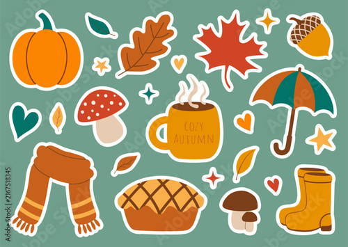 Cozy autumn sticker set with pumpkin, leaves, coffee mug, pie, scarf, boots, umbrella, and mushrooms. Vector hand-drawn illustration.
