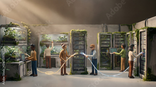 Diverse miniature technicians working on mossy server racks in a green data center diorama.