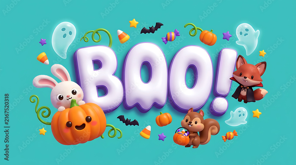 Fototapeta premium Cute 3D Halloween Boo Background with Pumpkin, Ghosts, Bunny, Fox and Squirrel