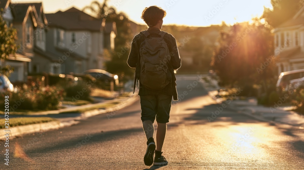 Obraz premium Young person walks down a suburban street during golden hour, surrounded by houses and trees, capturing a moment of solitude and exploration in nature