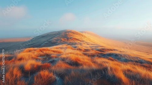 Dry grassy hill with wild bushes under soft sunlight