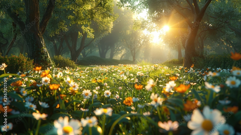 Obraz premium Flowering meadow surrounded by tall green trees