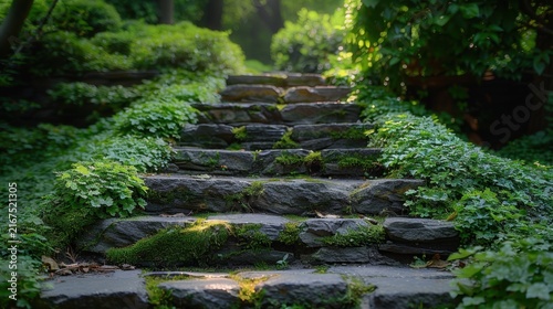 Old stone steps with moss in shaded garden