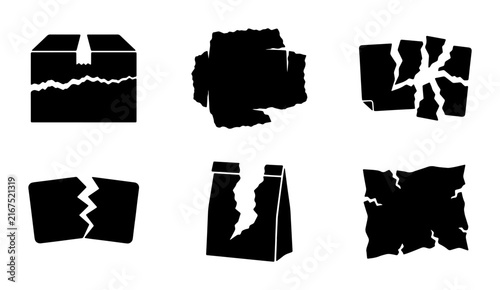 Torn Paper and Ripped Cardboard Icons, Set of 6 Black Silhouettes for Graphic Design, Packaging and Grunge Effects