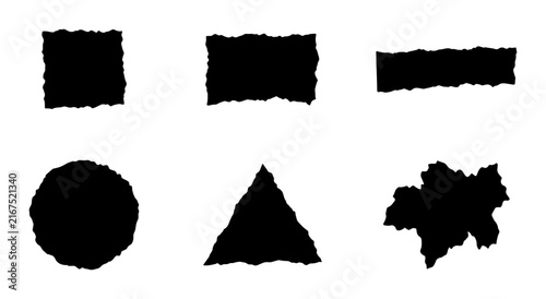 Torn Edge Geometric Shapes Vector Set, Rough Black Outline Forms, Abstract Grunge Graphic Elements for Design