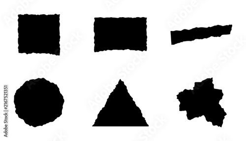 Set of 6 Black Torn Edge Geometric Shapes, Abstract Grunge Elements, Rough Outline Icons for Design Projects