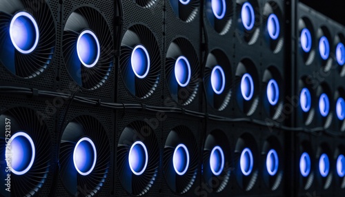 An array of server cooling fans glowing with a steady, secure blue hue, symbolizing stable, protected infrastructure.