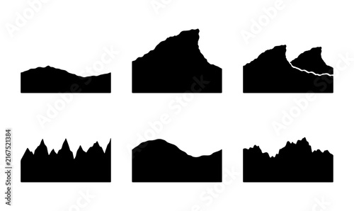 Set of Six Black Silhouette Mountain Peaks, Rugged Terrain Icons, Craggy Summit Vector Graphics, Natural Landscape Elements, Abstract Mountain Ranges, Outdoor Adventure Symbols